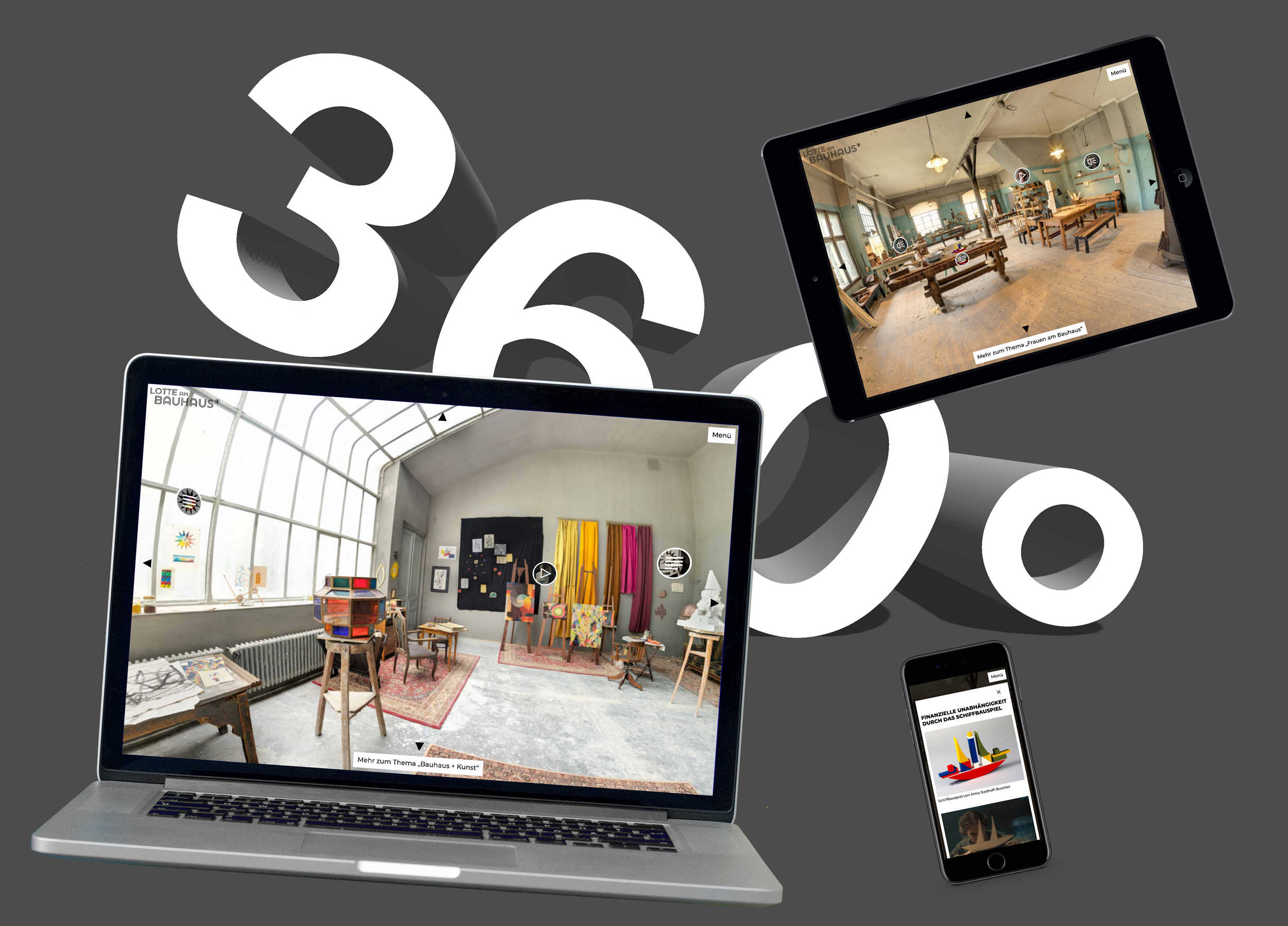 Photo of the responsive website Lotte am Bauhaus for ARD / MDR, shown on a mobile, tablet and desktop screen.