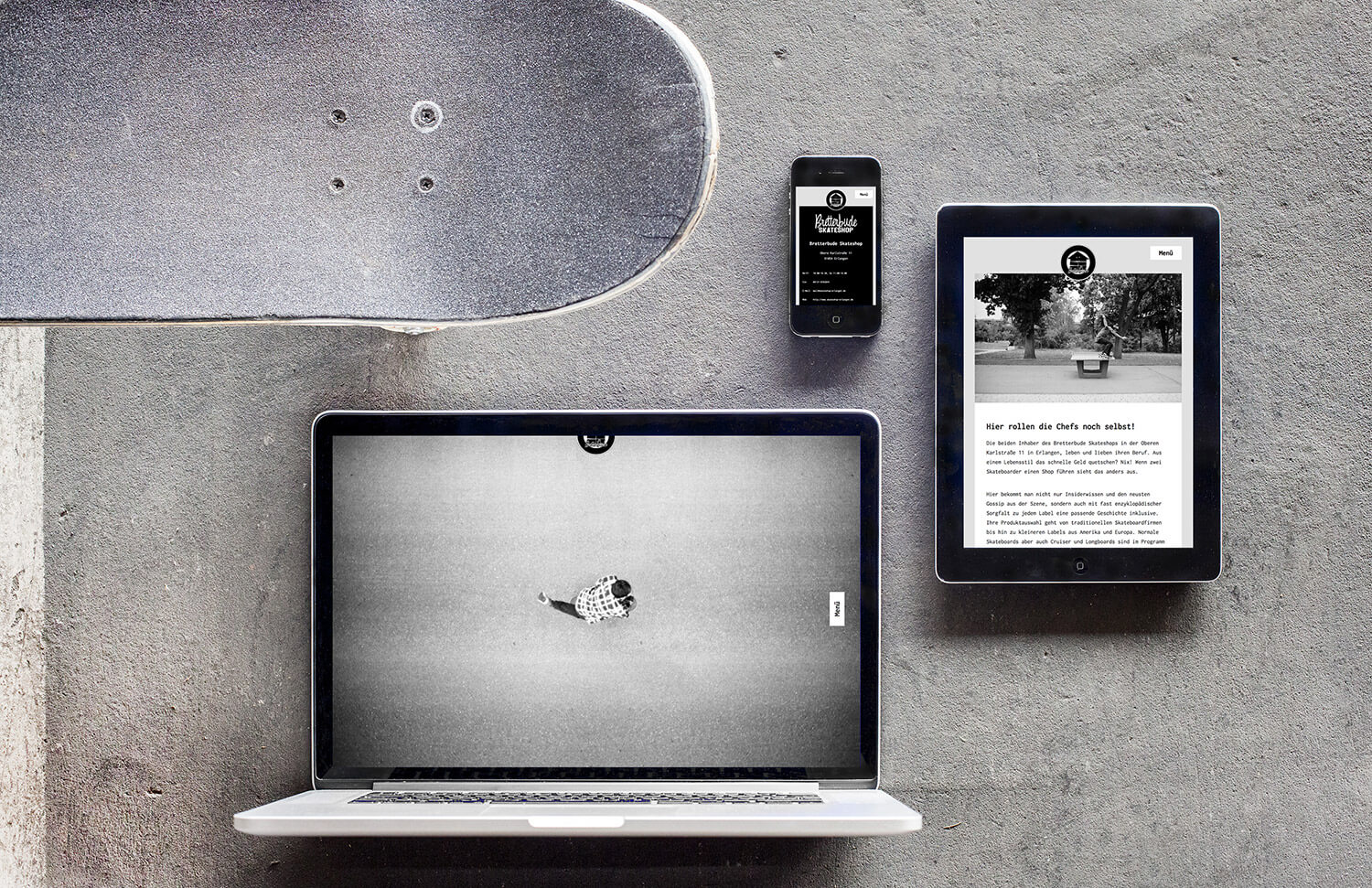 Photo of the responsive website design for Bretterbude Skateshop shown on a mobile, tablet and desktop screen.