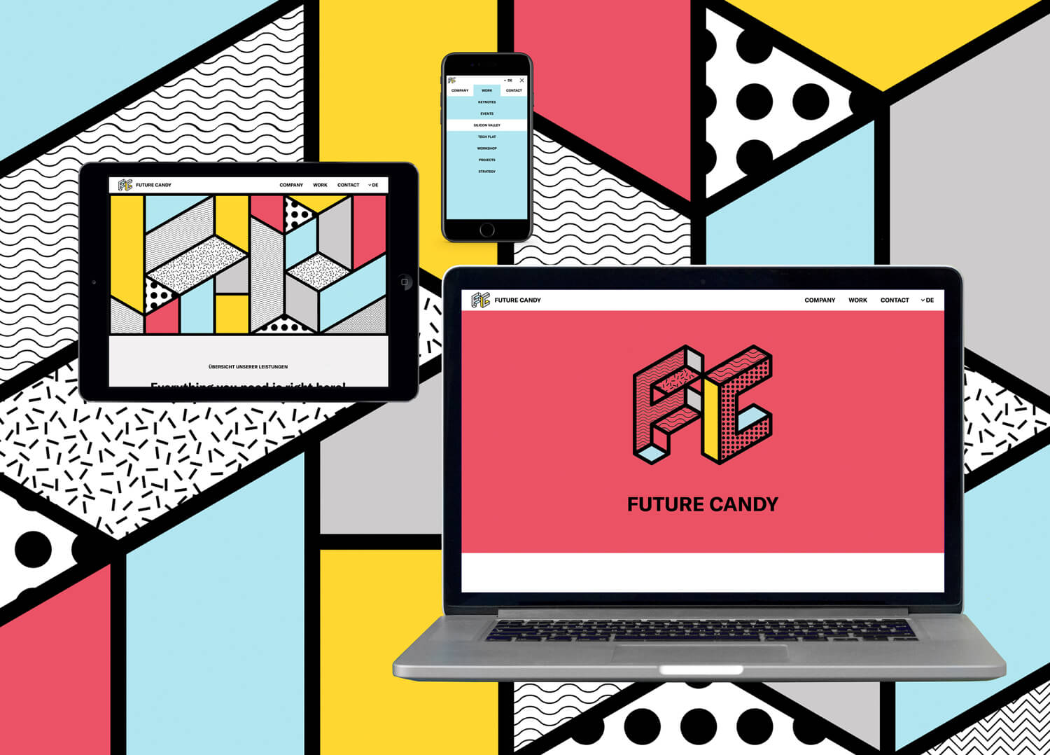 Photo of the responsive website design for innovation agency Future Candy shown on a mobile, tablet and desktop screen.