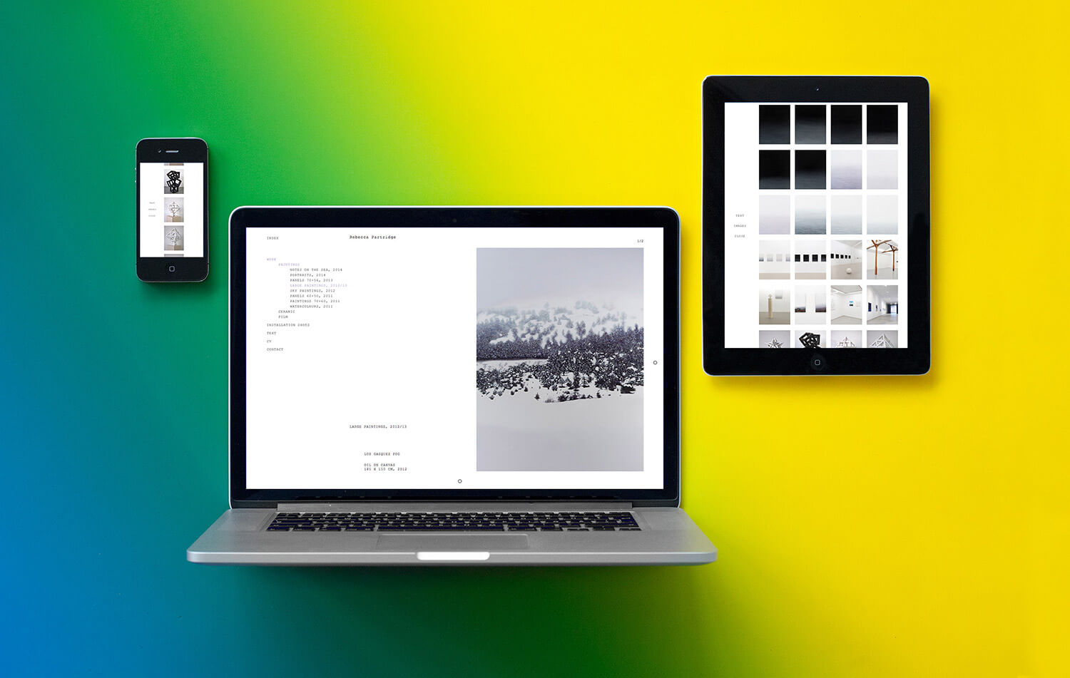 Photo of the responsive website design for artist Rebecca Partridge shown on a mobile, tablet and desktop screen.