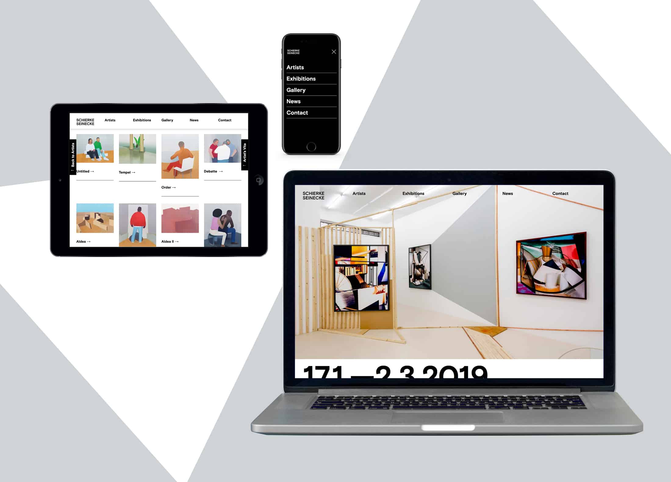 Photo of the responsive website design for Gallery Schierke Seinecke on a mobile, tablet and desktop screen.